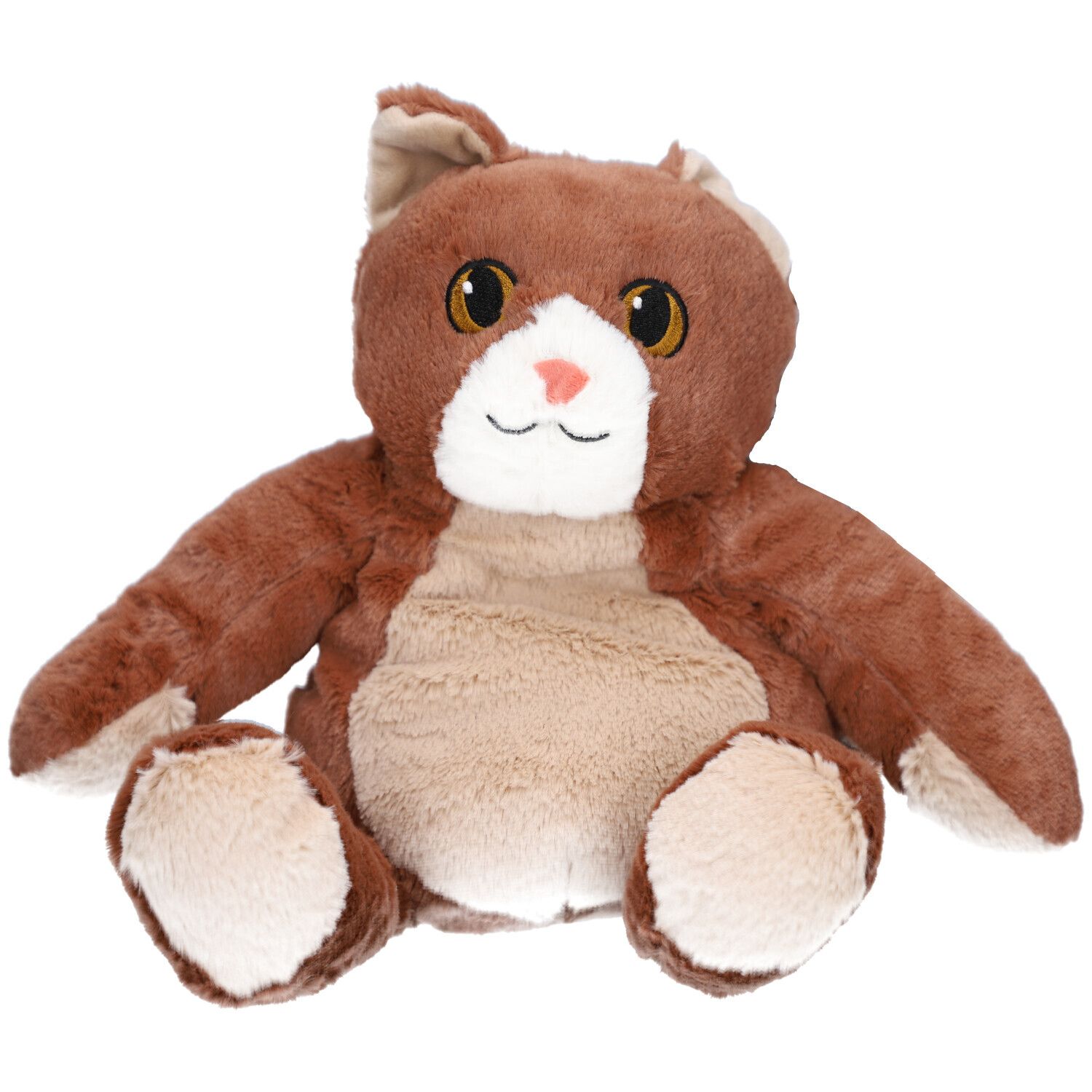 Braune Stoffkatze, sitzend, mit beigem Bauch und Pfoten. Große Augen, rosa Nase, lächelnder Mund. Ohren aufgestellt.