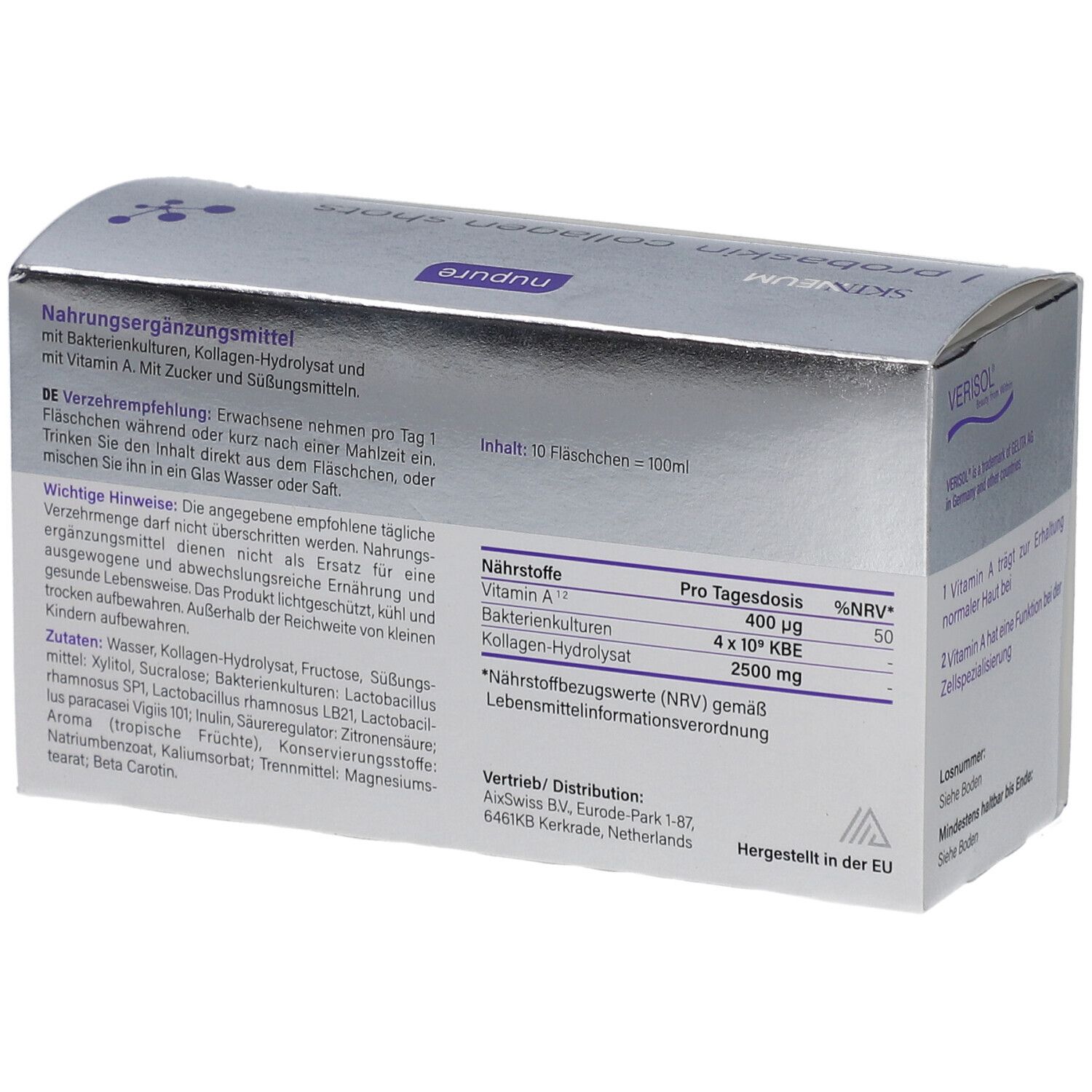 Rückseite der Schachtel 'nupure probaskin collagen shots'. Inhaltsstoffe und Nährwertangaben.