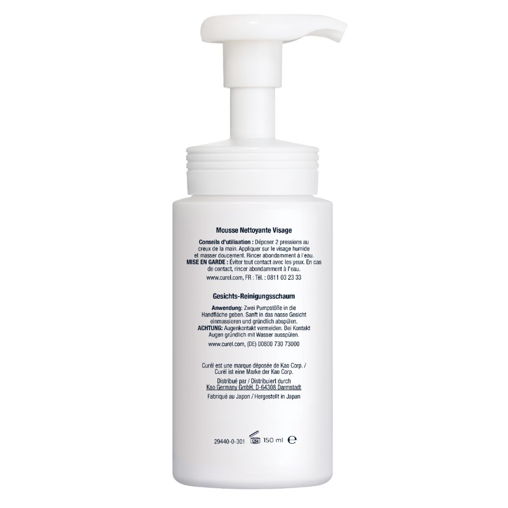 Dos du distributeur blanc. Texte : Mousse Nettoyante Visage, Gesichts-Reinigungsschaum. 150 ml.