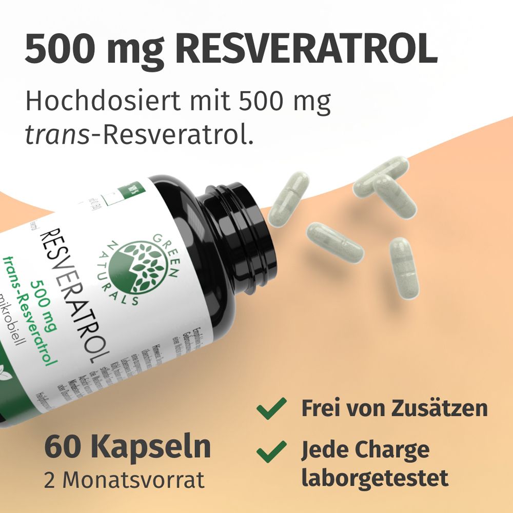 Green Naturals Trans-Resvératrol 500 mg, 60 gélules, sans additifs.