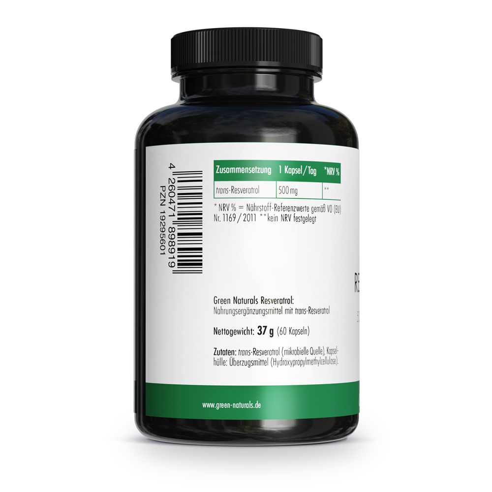 Green Naturals Resvératrol 500 mg, 60 gélules, Poids net 37 g.