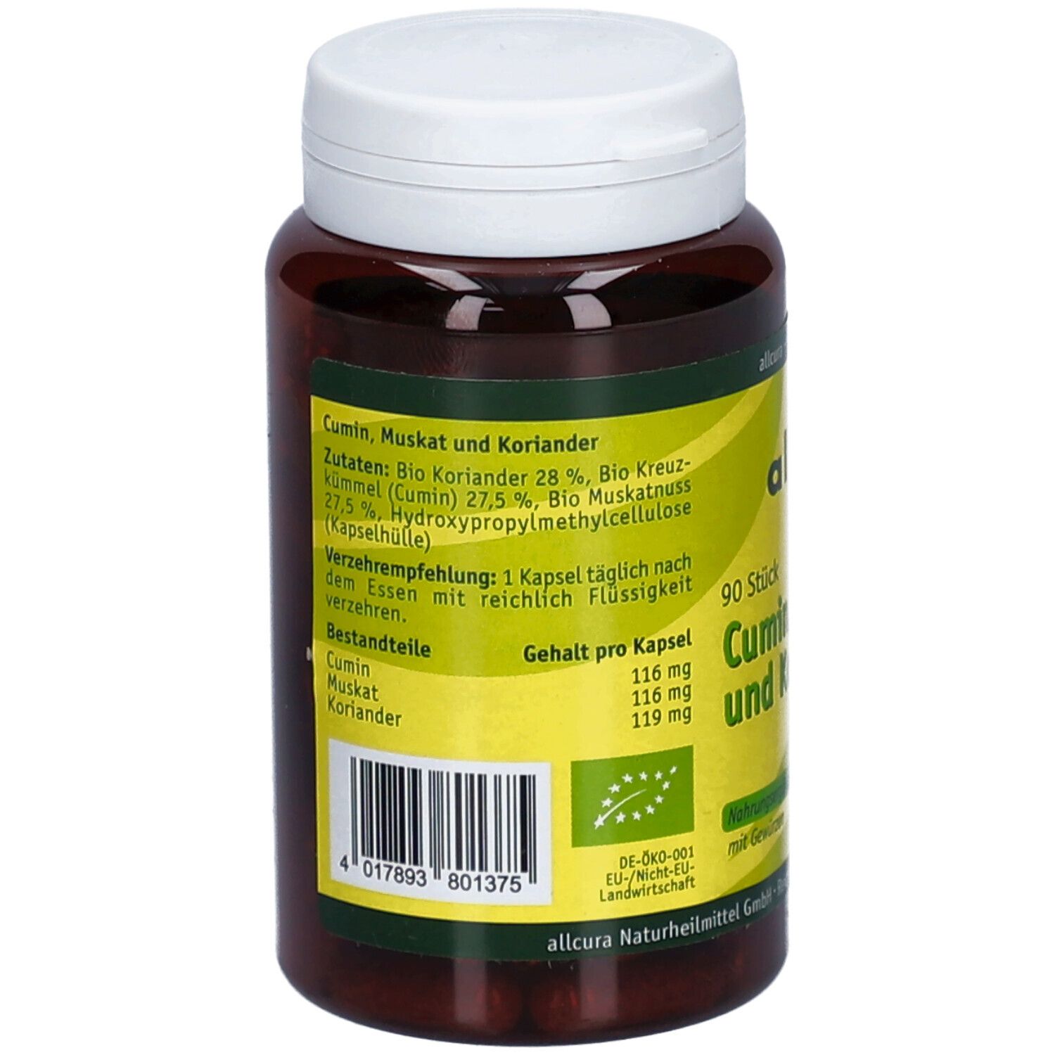 Dos du flacon de gélules. Inscription : ingrédients, recommandation d'utilisation, composants, teneur par gélule. Label bio. Code-barres.