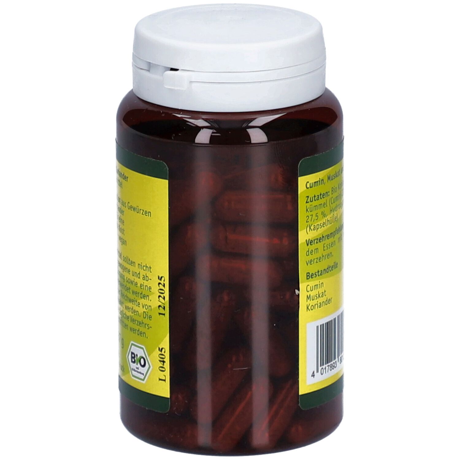 Flacon de gélules avec couvercle ouvert. Gélules brunes visibles. Inscription : ingrédients, recommandation d'utilisation, composants, teneur par gélule. Label bio.