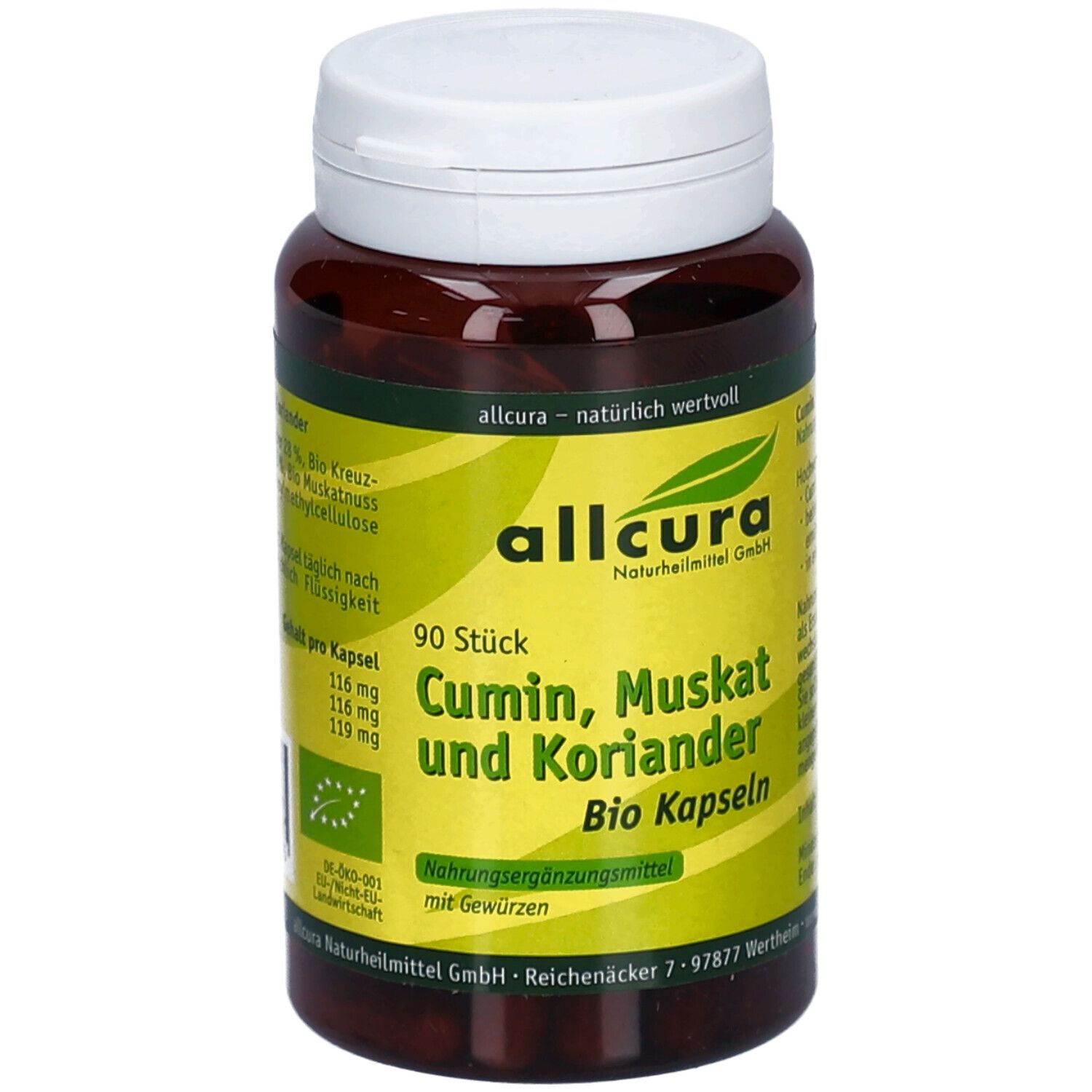 Flacon de gélules avec couvercle blanc. Inscription : allcura, Cumin, Muskat und Koriander Bio Kapseln. 90 pièces. Label bio.