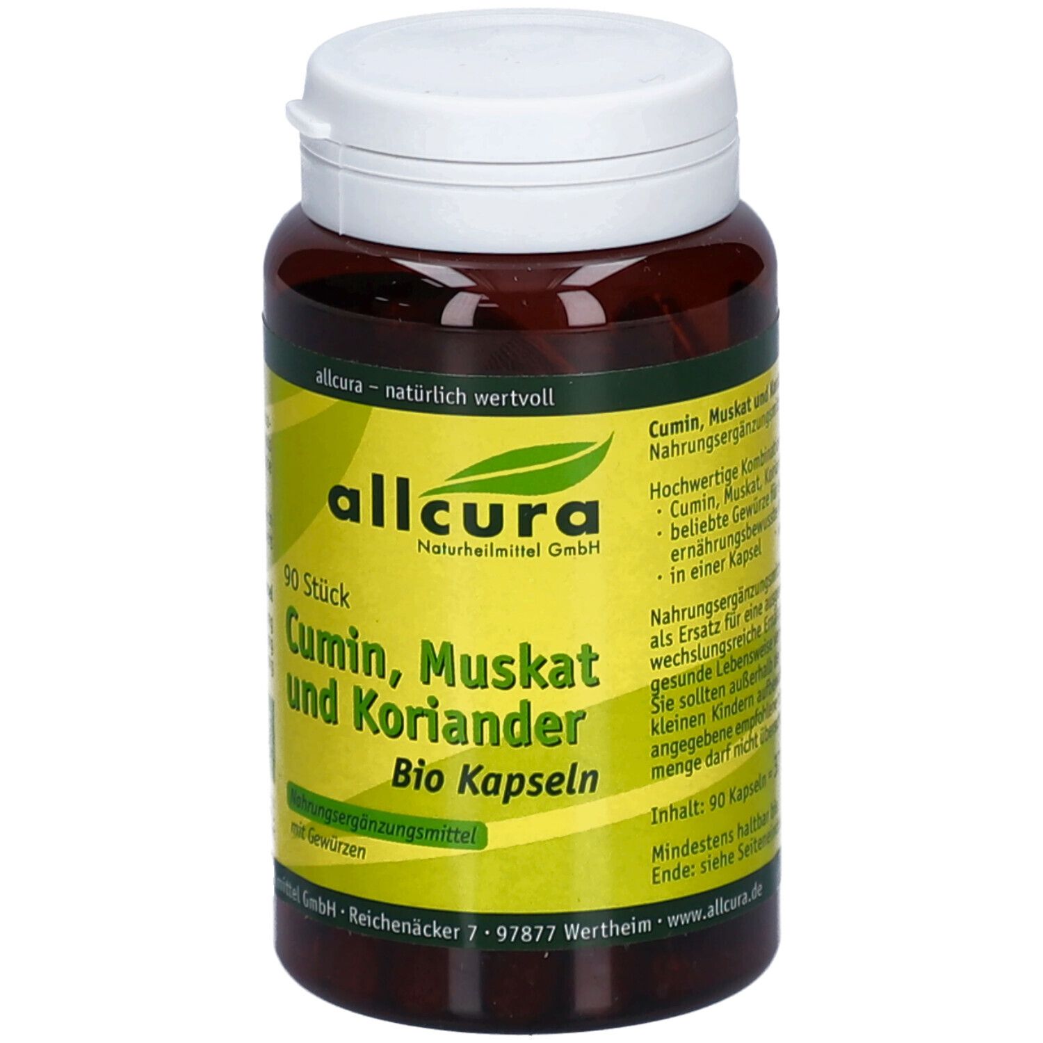 Flacon de gélules avec couvercle blanc. Inscription : allcura, Cumin, Muskat und Koriander Bio Kapseln. 90 pièces. Label bio. Texte sur le côté.