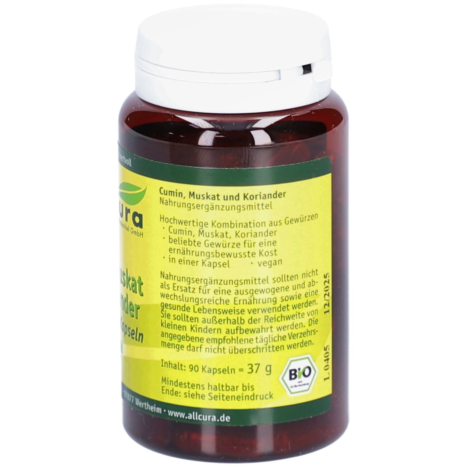 Flacon de gélules avec couvercle blanc. Inscription : Cumin, Muskat und Koriander Bio Kapseln. 90 gélules. 37 g. Label bio. A consommer de préférence avant.