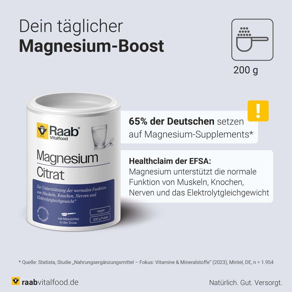 Boîte de poudre de citrate de magnésium. Marque Raab Vitalfood. Texte : Magnesium Citrat. 200g de poudre. Vegan. Healthclaim EFSA.