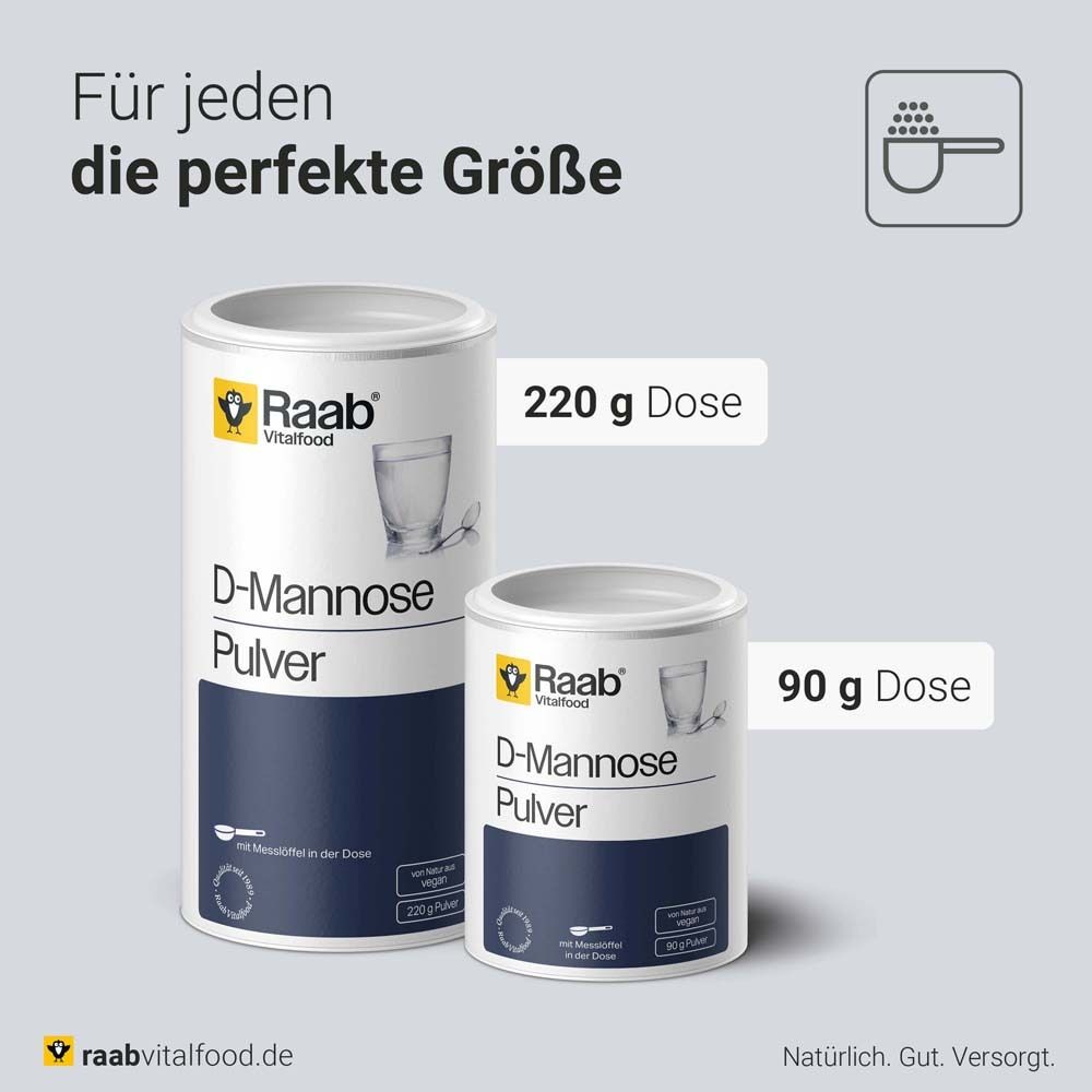 Zwei Dosen D-Mannose Pulver. 220 g und 90 g Dose. Text: Für jeden die perfekte Größe. Logo und Produktbezeichnung.