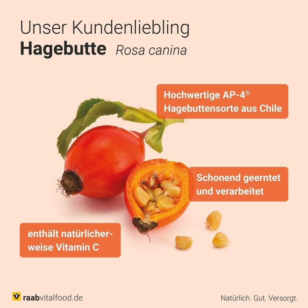 Hagebutten und Hagebuttenhälften. Text: Hochwertige AP-4 Hagebuttensorte aus Chile. Enthält Vitamin C.