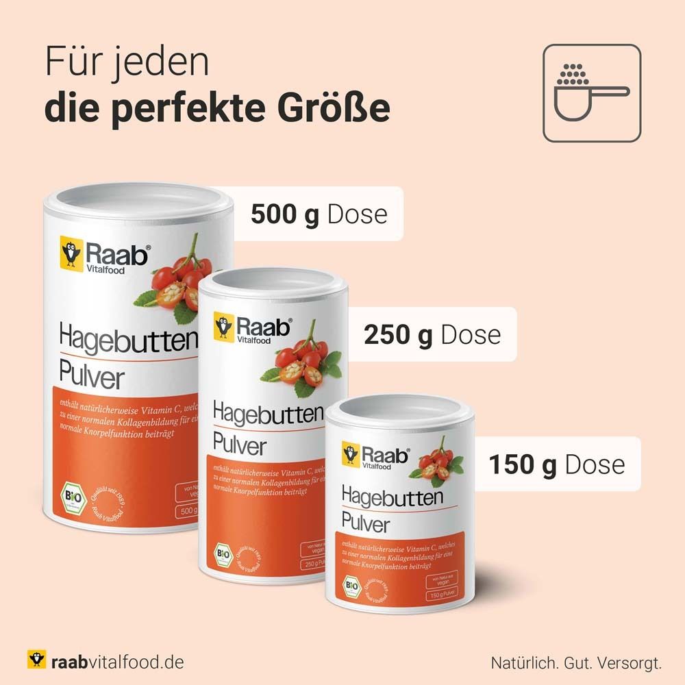 Dosen Raab Vitalfood Hagebutten Pulver. 150g, 250g, 500g. Orangefarbene Etiketten. Bio-Siegel.
