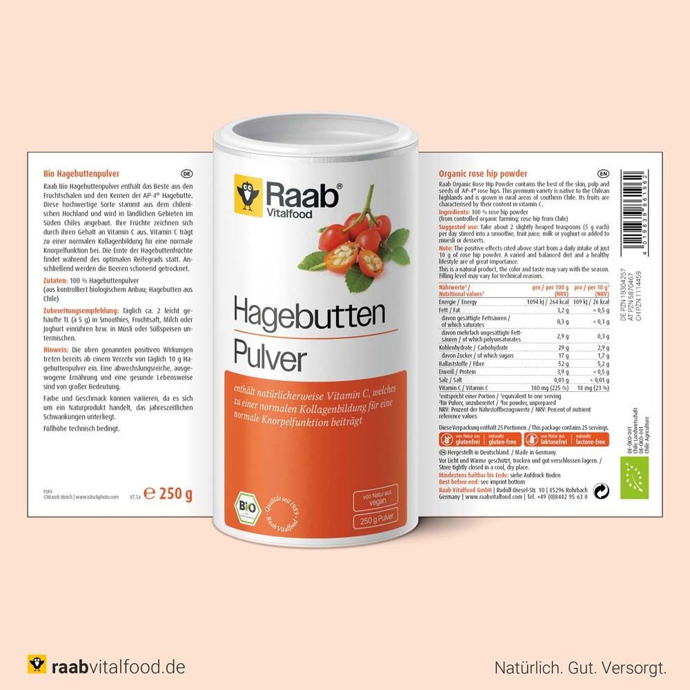 Dose Raab Vitalfood Hagebutten Pulver. Etikett mit Nährwertangaben und Inhaltsstoffen. Bio-Siegel. 250 g.