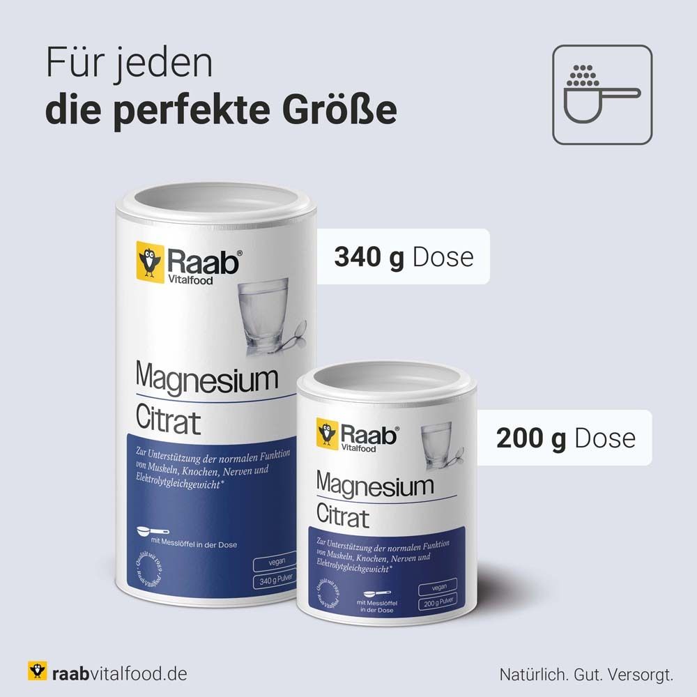 Produktabbildung mit zwei Dosen Raab Magnesiumcitrat: 340 g und 200 g. Text: Für jeden die perfekte Größe.