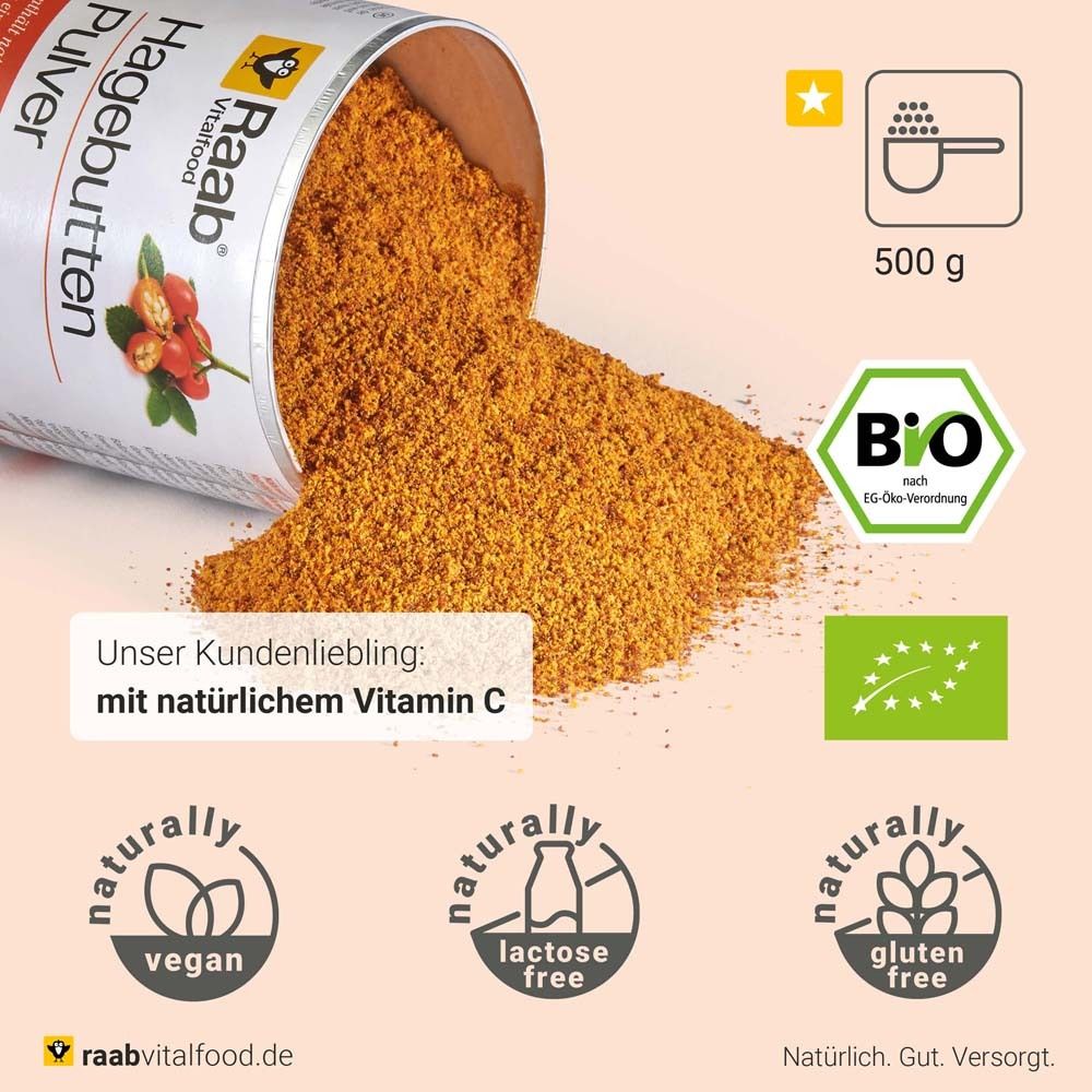 Boîte ouverte de poudre de cynorrhodon Raab Vitalfood®. Bio. Végétalien, sans lactose et sans gluten. 500g.