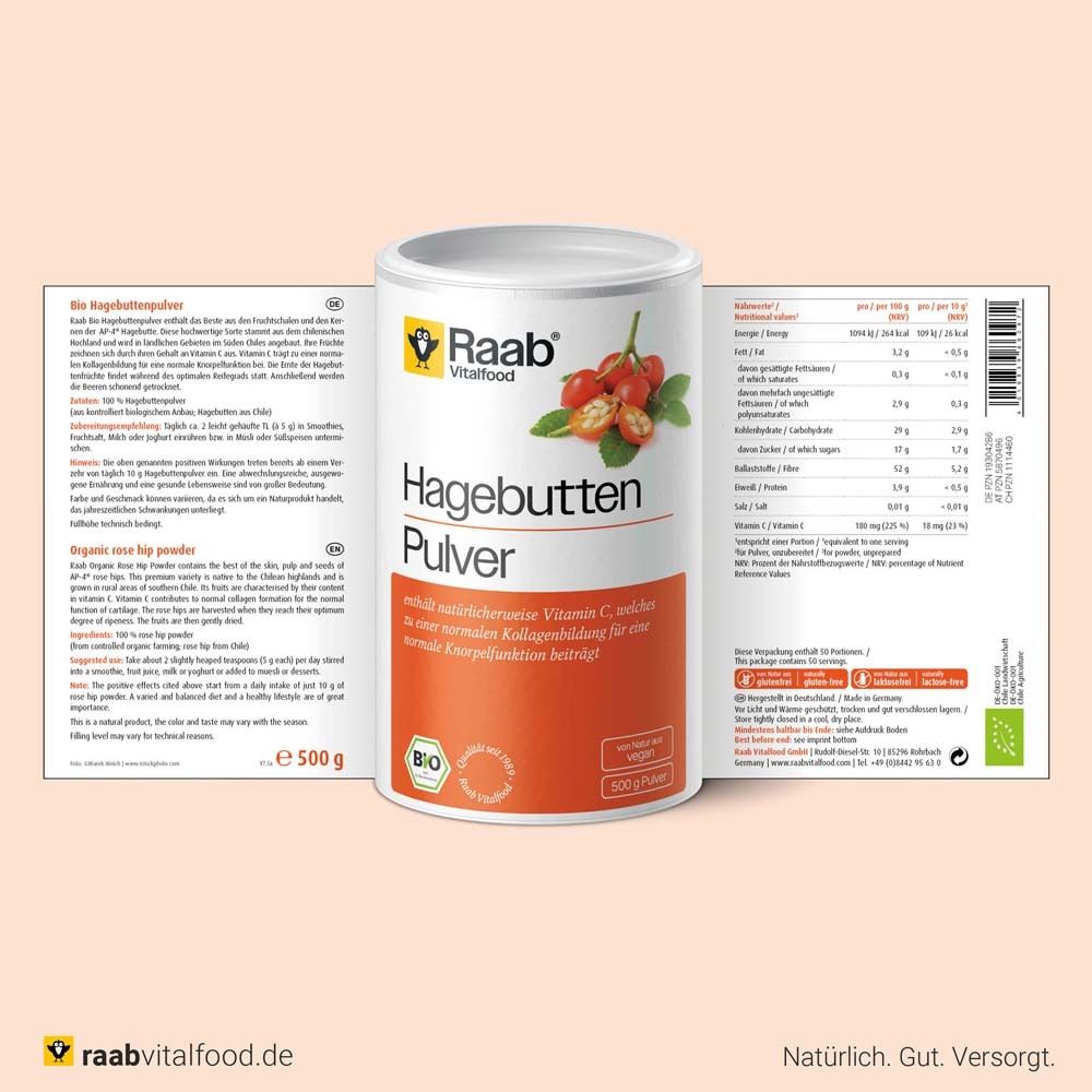 Boîte de poudre de cynorrhodon Raab Vitalfood®. Informations sur le produit et valeurs nutritionnelles. 500g. Bio.