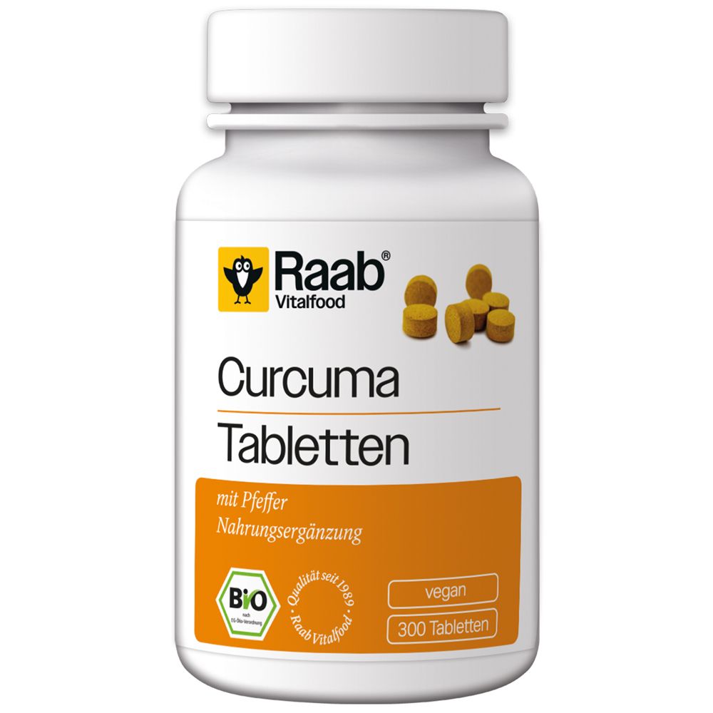 Weiße Flasche mit Raab Vitalfood Curcuma Tabletten. Orangefarbenes Etikett mit Text und Bio-Siegel. Vegan, 300 Tabletten.