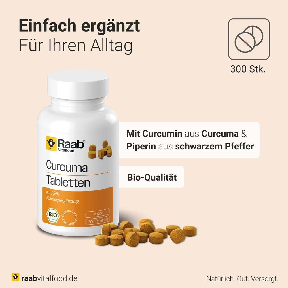 Flacon Raab Vitalfood Curcuma Tabletten avec comprimés. Texte : « Avec curcumine de curcuma & pipérine de poivre noir ». Qualité bio.