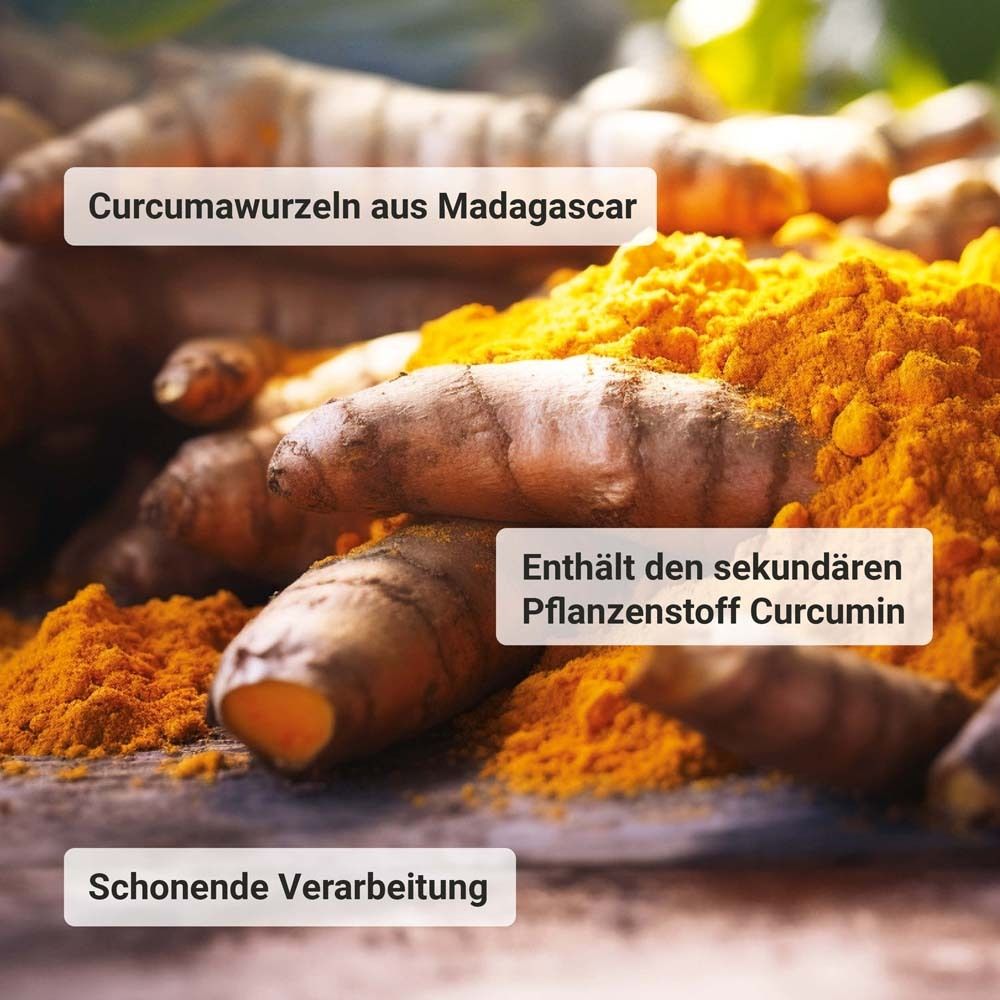 Racines de curcuma et poudre de curcumine. Texte : « Racines de curcuma de Madagascar » et « Contient curcumine ».