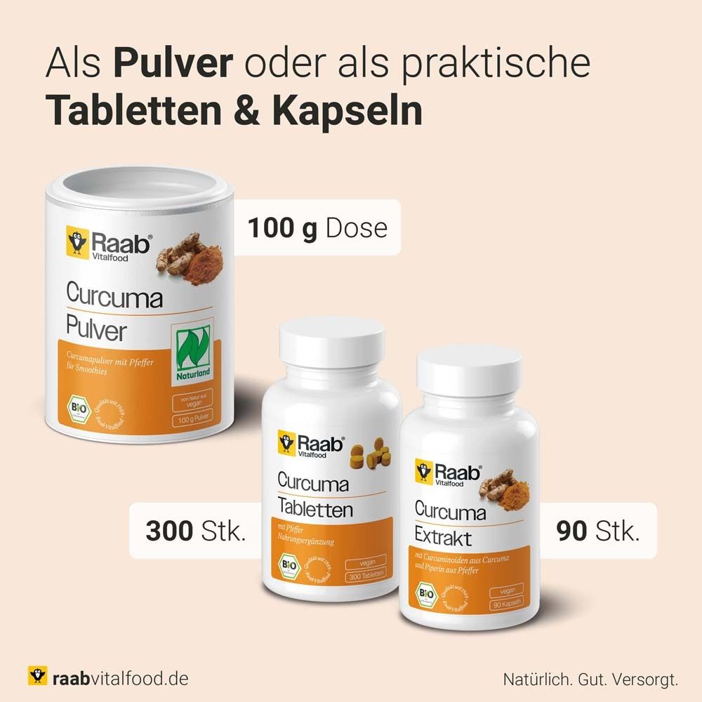 Trois produits Raab Vitalfood : Curcuma Pulver, Curcuma Tabletten et Curcuma Extrakt. Label bio et 300 ou 90 unités.