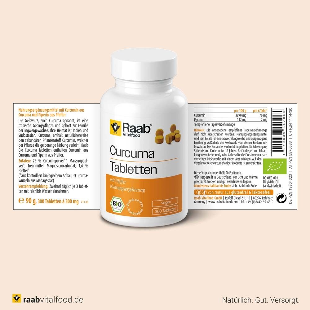 Flacon Raab Vitalfood Curcuma Tabletten avec étiquette. Contient des informations sur les ingrédients et les valeurs nutritionnelles. Label bio.