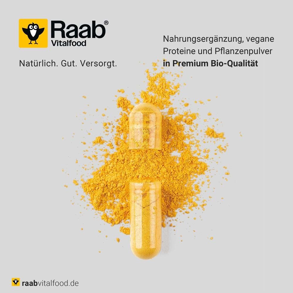 Gélule avec poudre de curcumine. Texte : « Complément alimentaire, protéines végétales et poudres végétales de qualité bio premium ». Logo Raab Vitalfood.