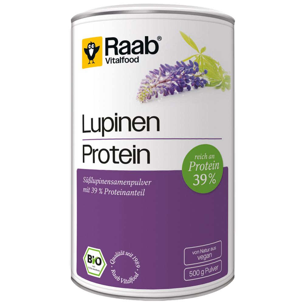 Boîte cylindrique de "Raab Vitalfood Lupinenprotein Bio Pulver". Inscription "Lupinen Protein" et "riche en protéines 39%". Label bio.
