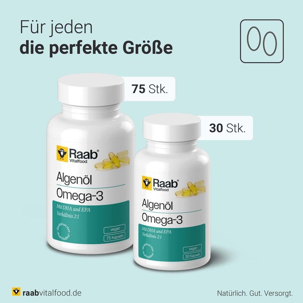 Deux flacons avec capsules. Inscription: Raab Vitalfood Algenöl Omega-3. 75 et 30 capsules.