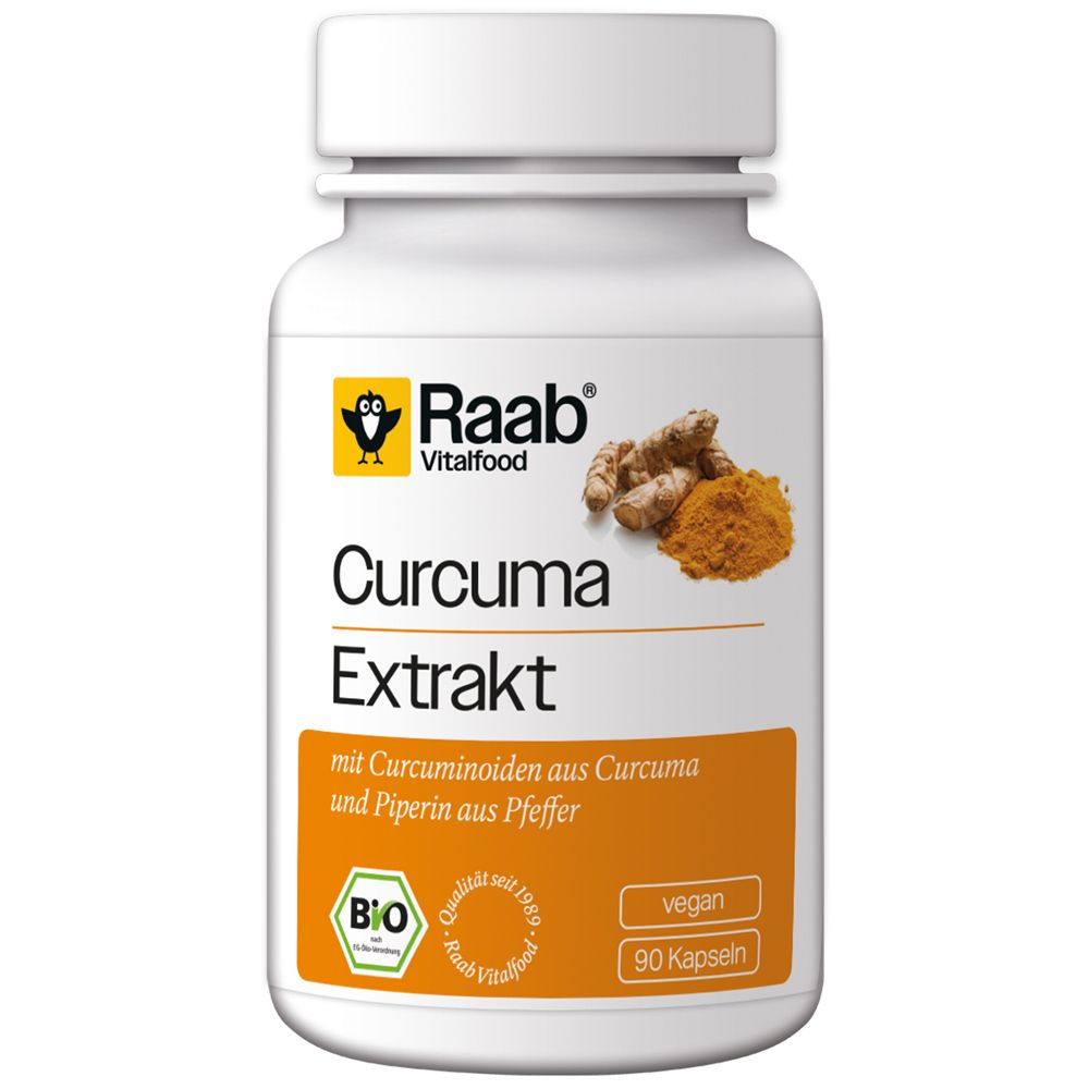 Flacon blanc de Raab Vitalfood Curcuma Extrakt Kapseln. Label bio, vegan. Illustration de curcuma et poivre.