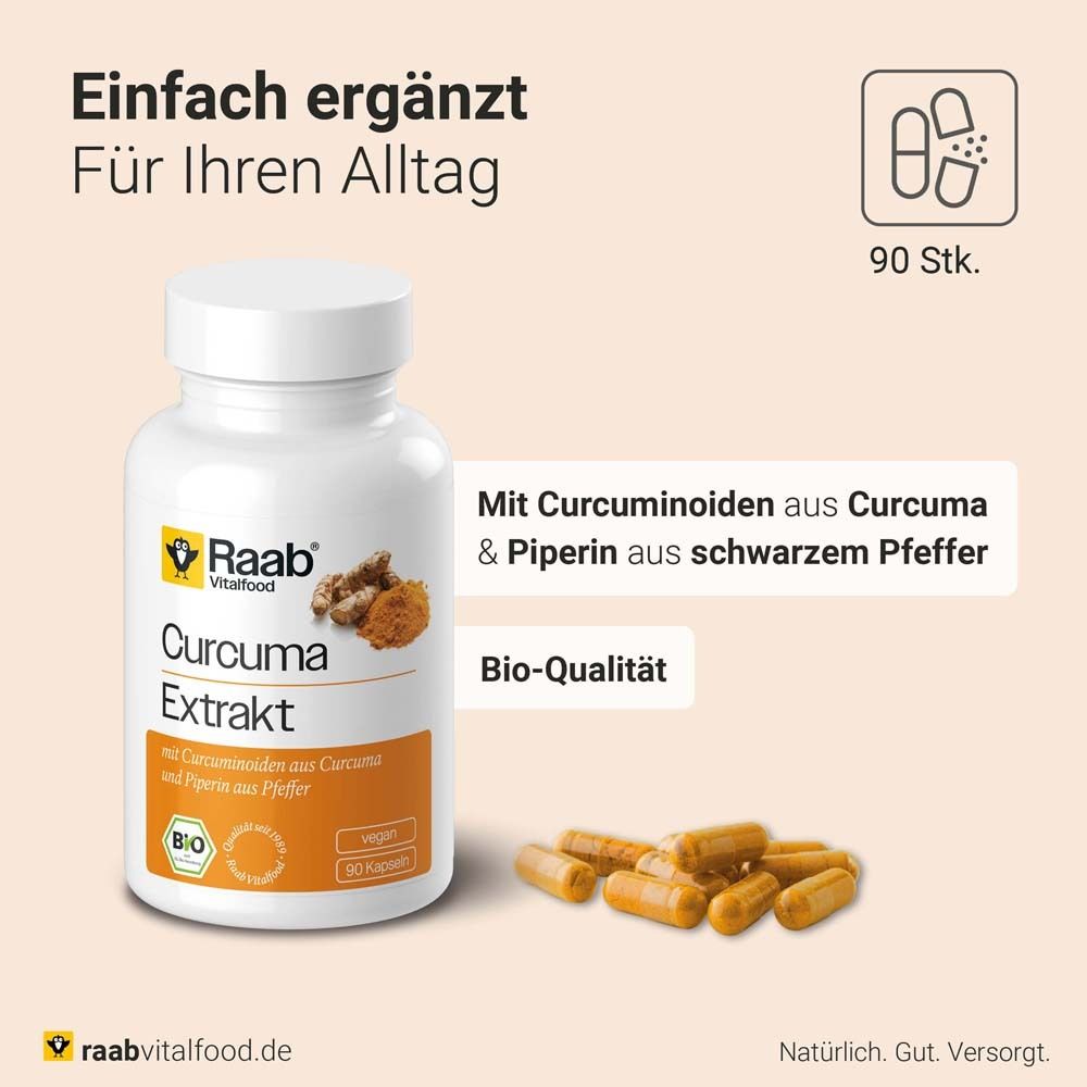 Flacon avec capsules. Inscription : Curcuma Extrakt, Raab Vitalfood. Label bio, 90 capsules. Capsules à côté.