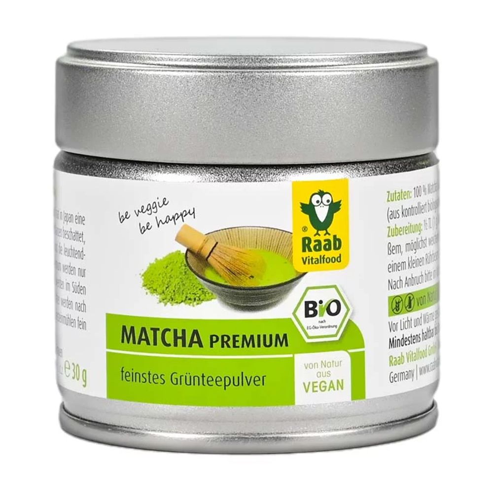 Boîte de poudre Matcha Premium. Poudre de thé vert, label bio, végétalien. Inscription : feinstes Grünteepulver, 30g.