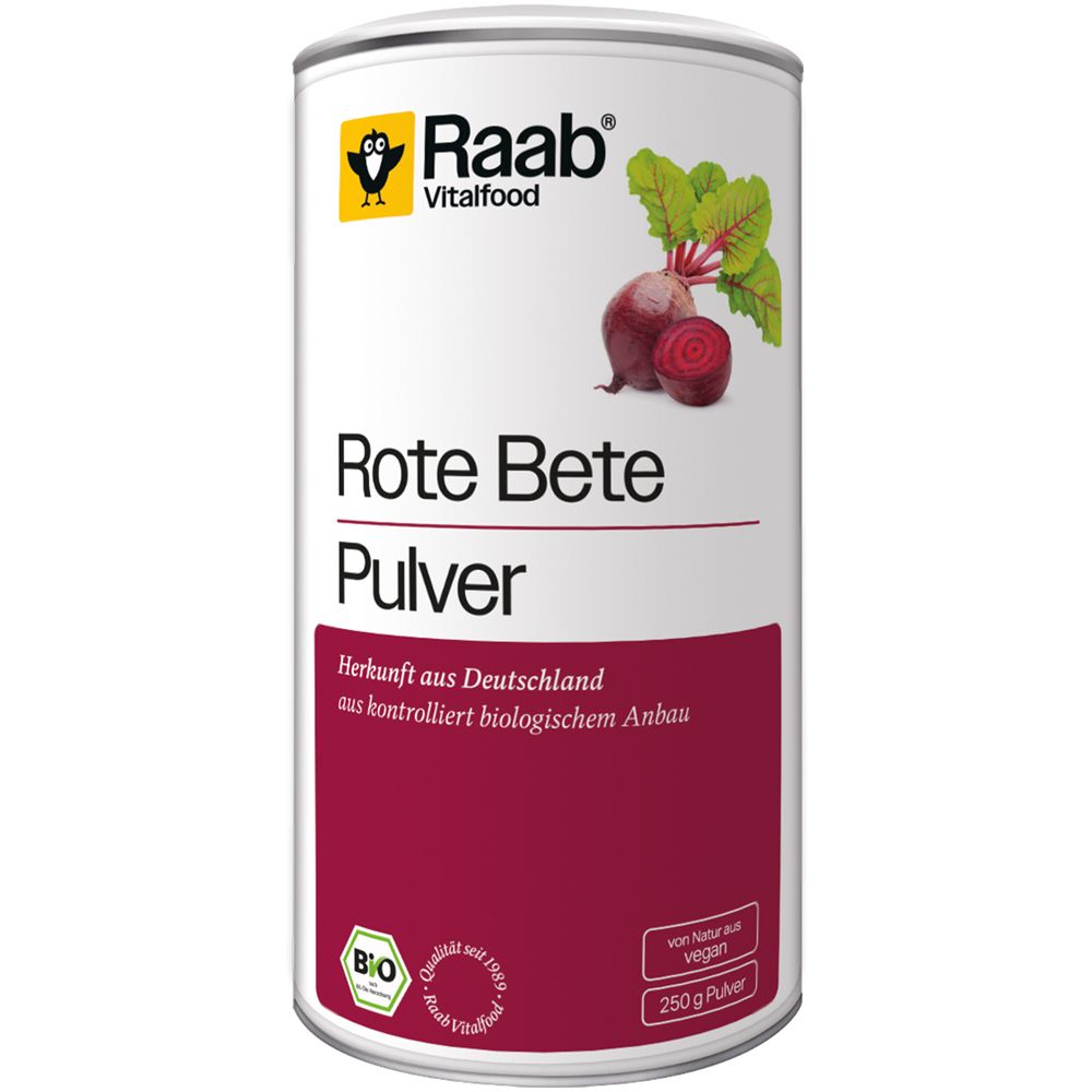 Zylindrische Dose mit Raab Vitalfood Rote Bete Pulver. Aufschrift: Rote Bete Pulver, Bio-Siegel, Herkunft Deutschland, vegan. Abbildung von Rote Bete.