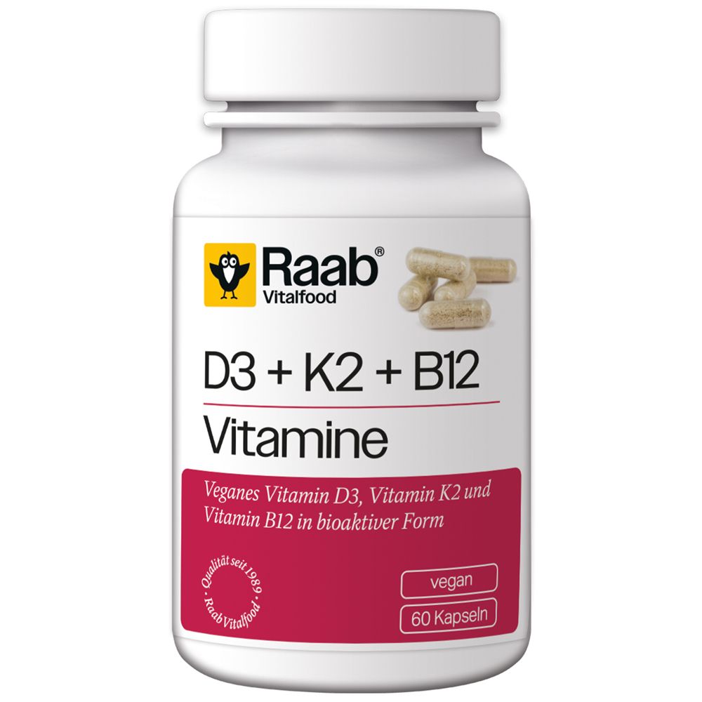 Raab Vitalfood Vitamin D3 + K2 + B12 Kapseln, 60 Stück. Veganes Nahrungsergänzungsmittel.