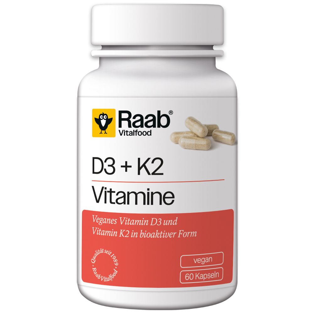 Flacon blanc avec capsules. Inscription: Raab Vitalfood D3 + K2 Vitamine. Zone rouge avec texte: vitamine D3 et K2 végétalien.