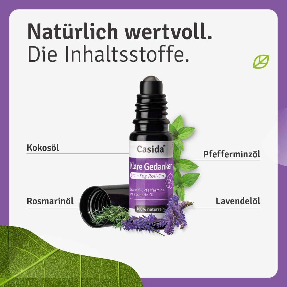 Roll-On-Flasche mit Inhaltsstoffen: Kokosöl, Rosmarinöl, Pfefferminzöl, Lavendelöl. Lila Hintergrund.