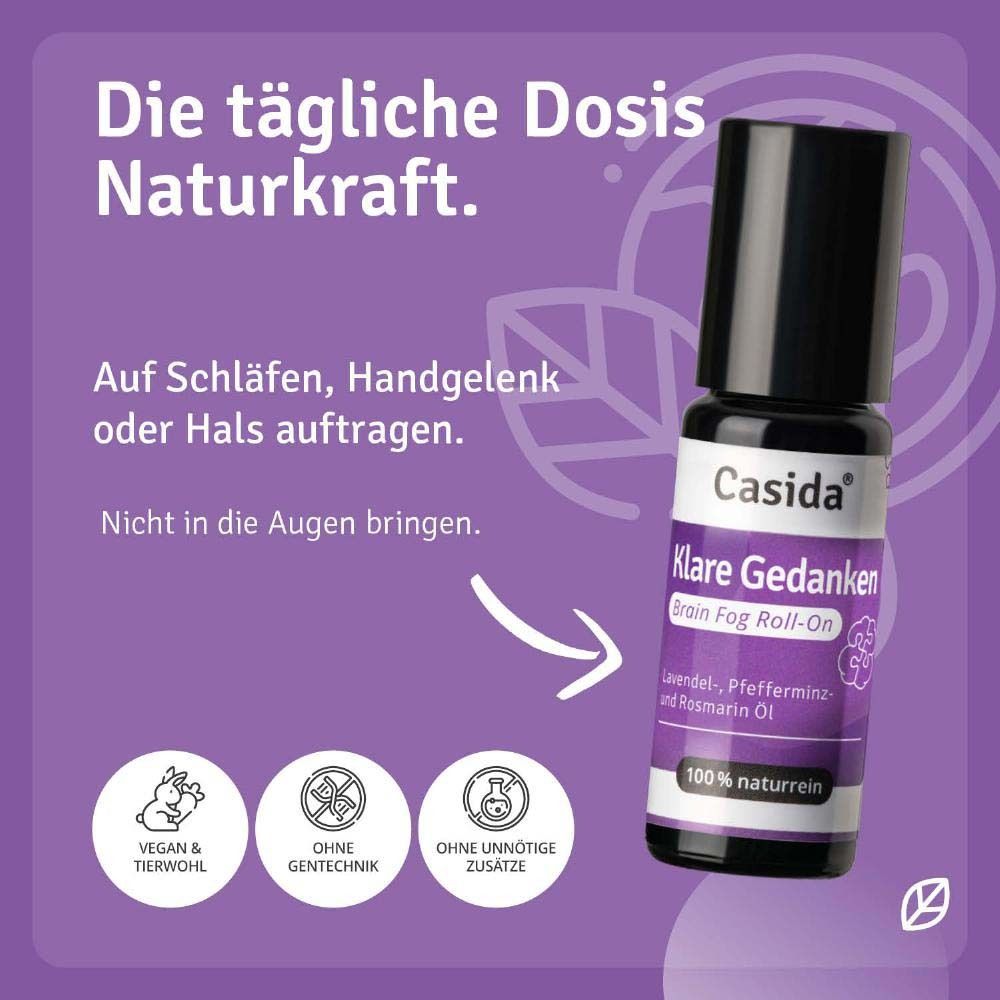 Roll-On-Flasche mit Text: Casida, Klare Gedanken, Brain Fog Roll-On. Anwendung: Schläfen, Handgelenk, Hals.