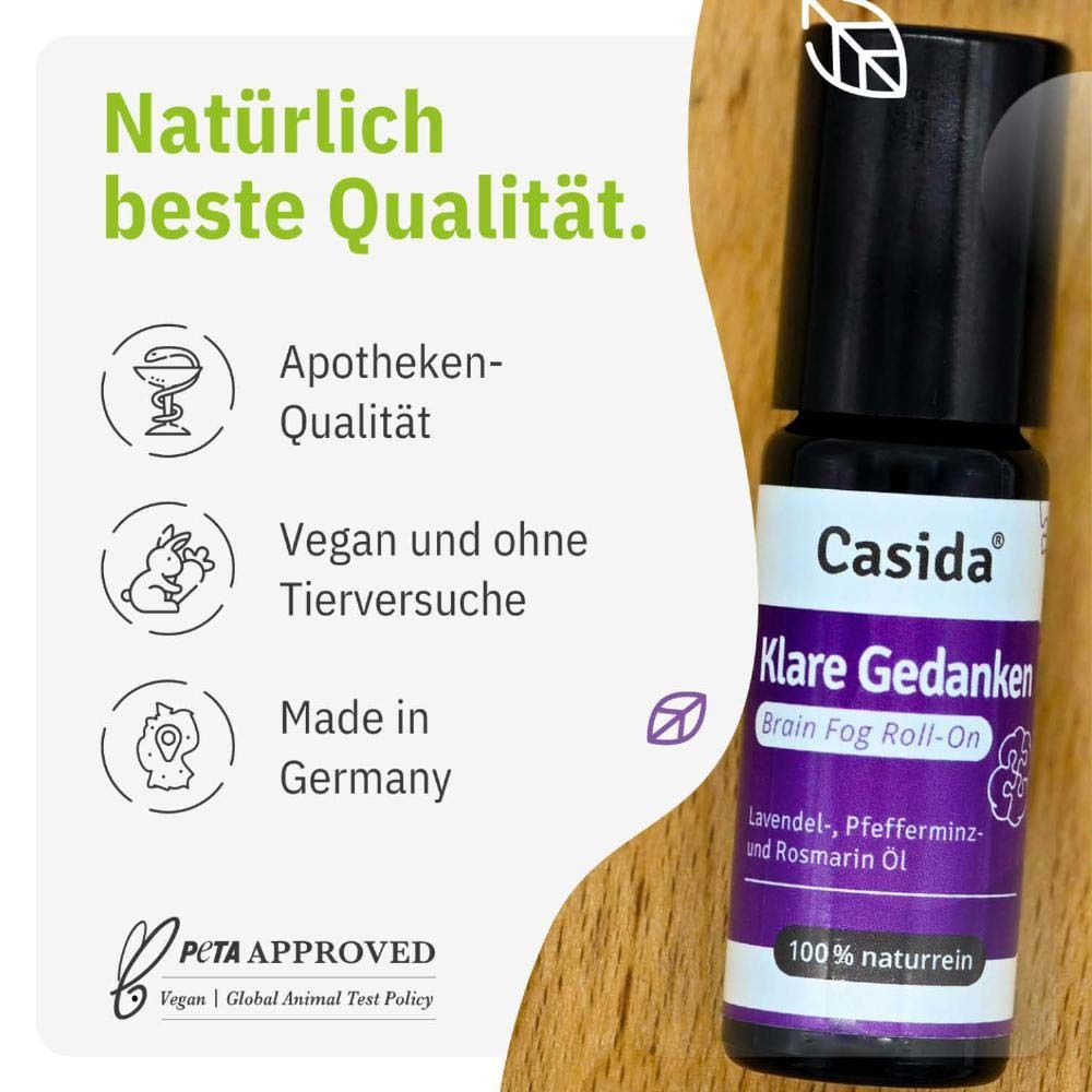 Roll-On-Flasche mit Text: Casida, Klare Gedanken, Brain Fog Roll-On. Apotheken-Qualität, Vegan, Made in Germany.