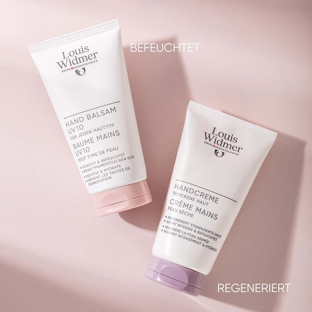 Zwei Tuben Handcreme. Links: Handbalsam UV10. Rechts: Handcreme für trockene Haut. Hintergrund rosa.