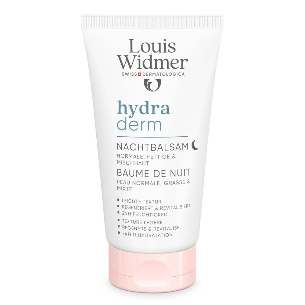 Tube blanche avec bouchon rose. Inscription: Louis Widmer hydra derm Baume de nuit. Pour peaux normales, grasses & mixtes.