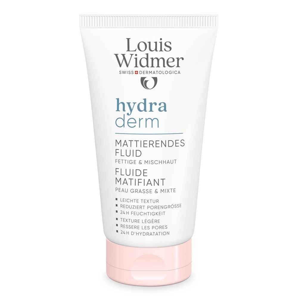 Tube blanc à bouchon rose. Inscription: Louis Widmer, hydra derm, fluide matifiant pour peaux grasses & mixtes. Croix suisse.