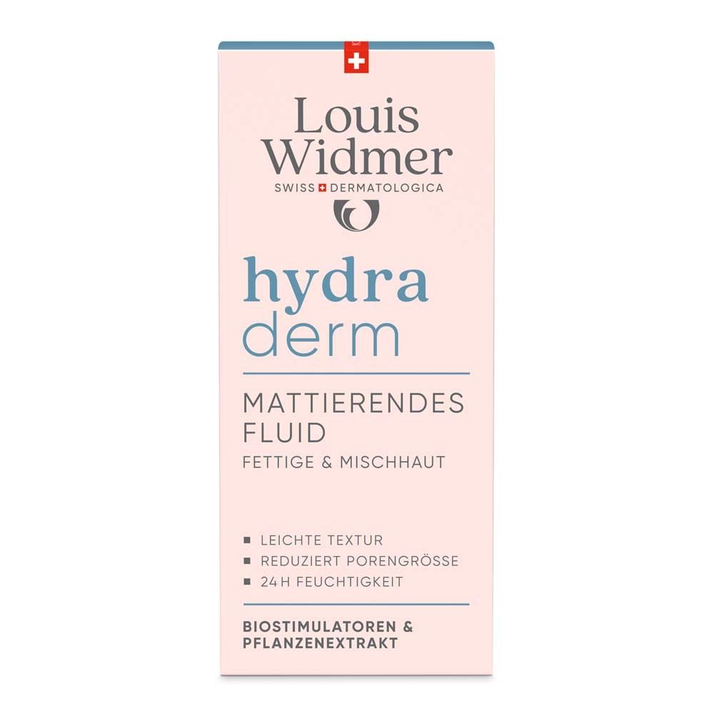 Boîte rose avec inscription: Louis Widmer, hydra derm, fluide matifiant pour peaux grasses & mixtes. Croix suisse.