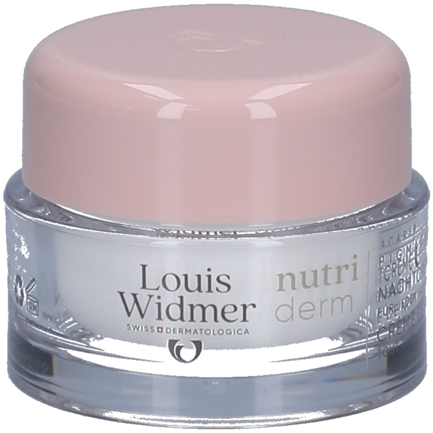 Pot de crème avec couvercle rose. "Louis Widmer nutriderm" est écrit sur le pot.