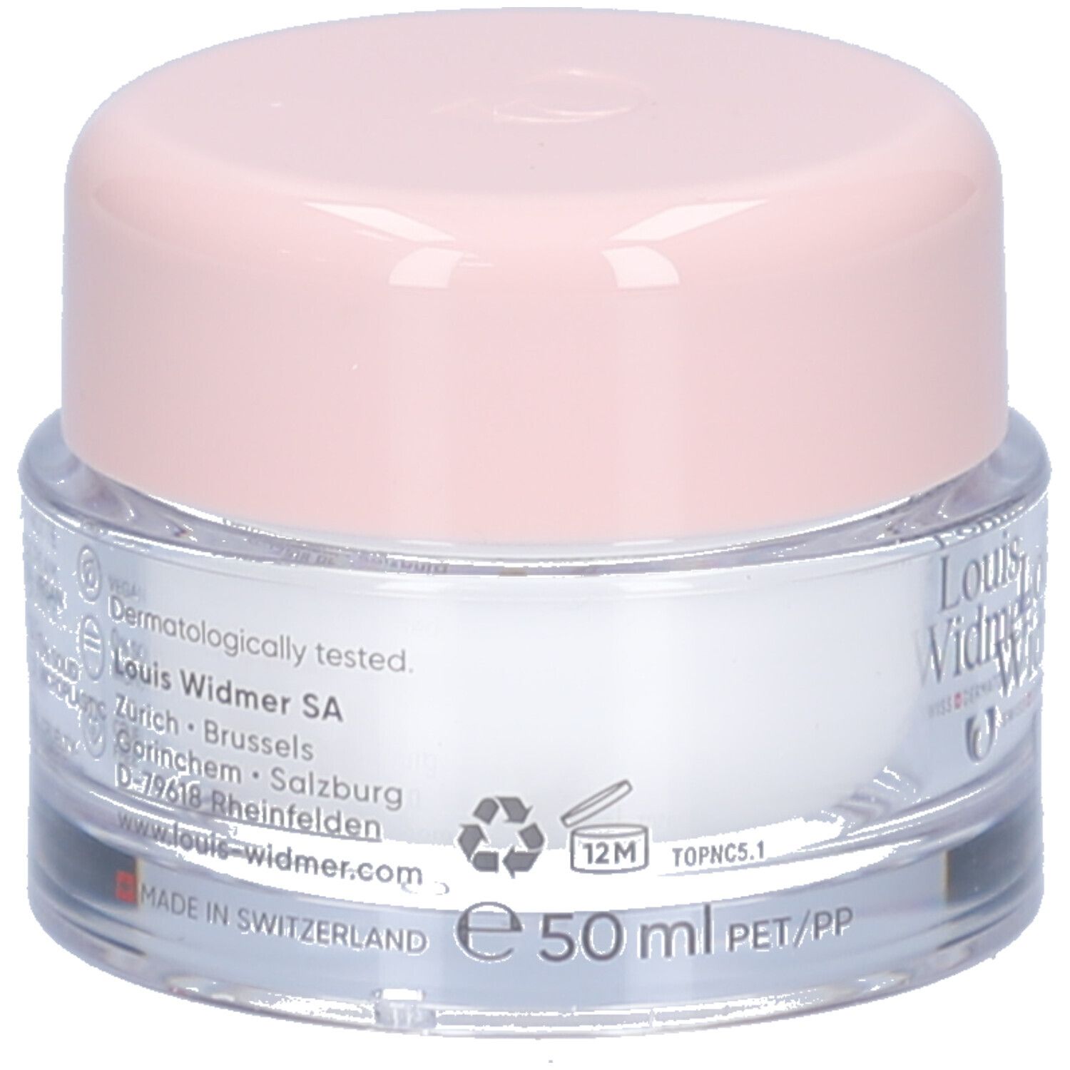 Pot de crème avec couvercle rose. "Louis Widmer" et "50 ml" sont écrits sur le pot.