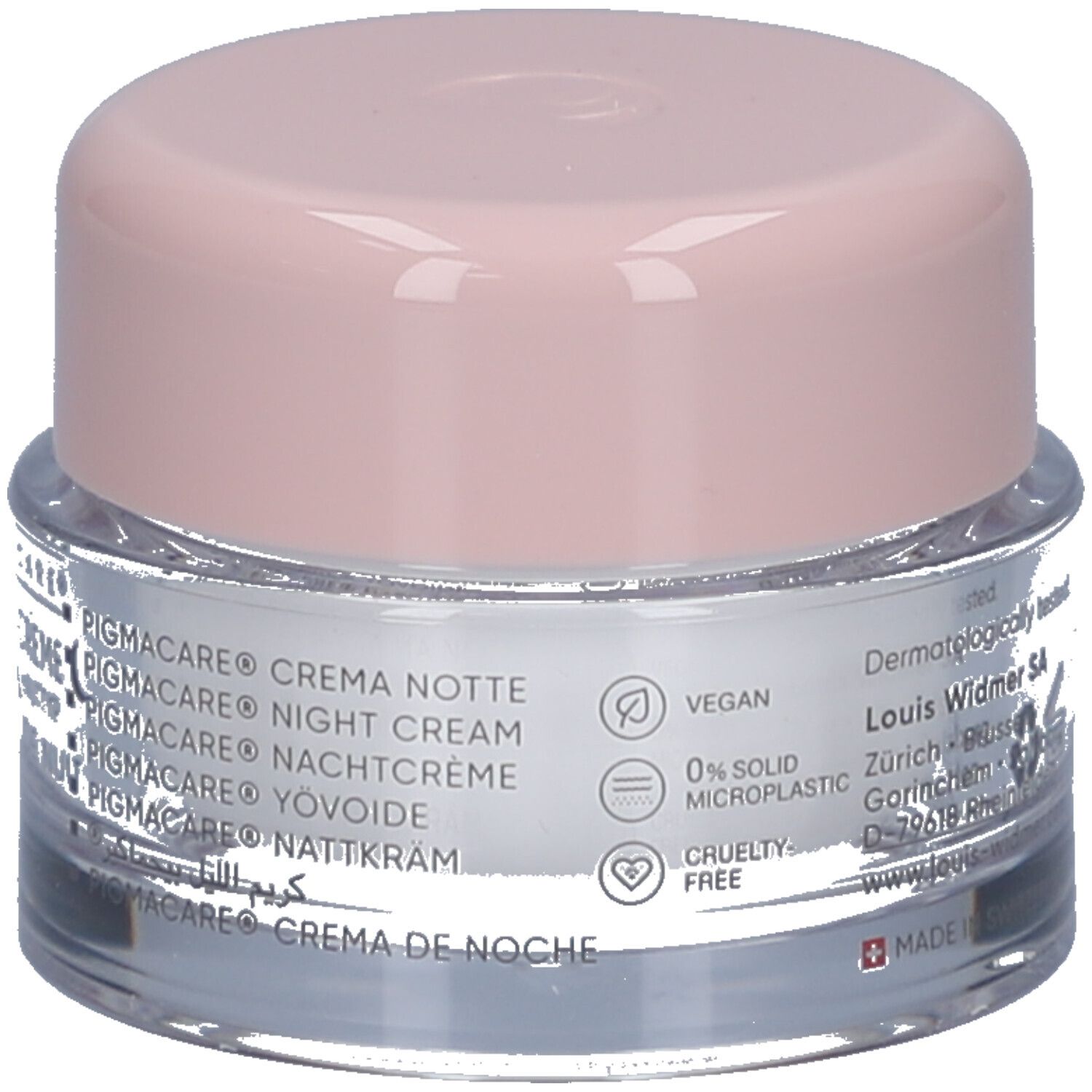 Pot de crème avec couvercle rose. "PIGMACARE® CREMA NOTTE" et des logos sont écrits sur le pot.