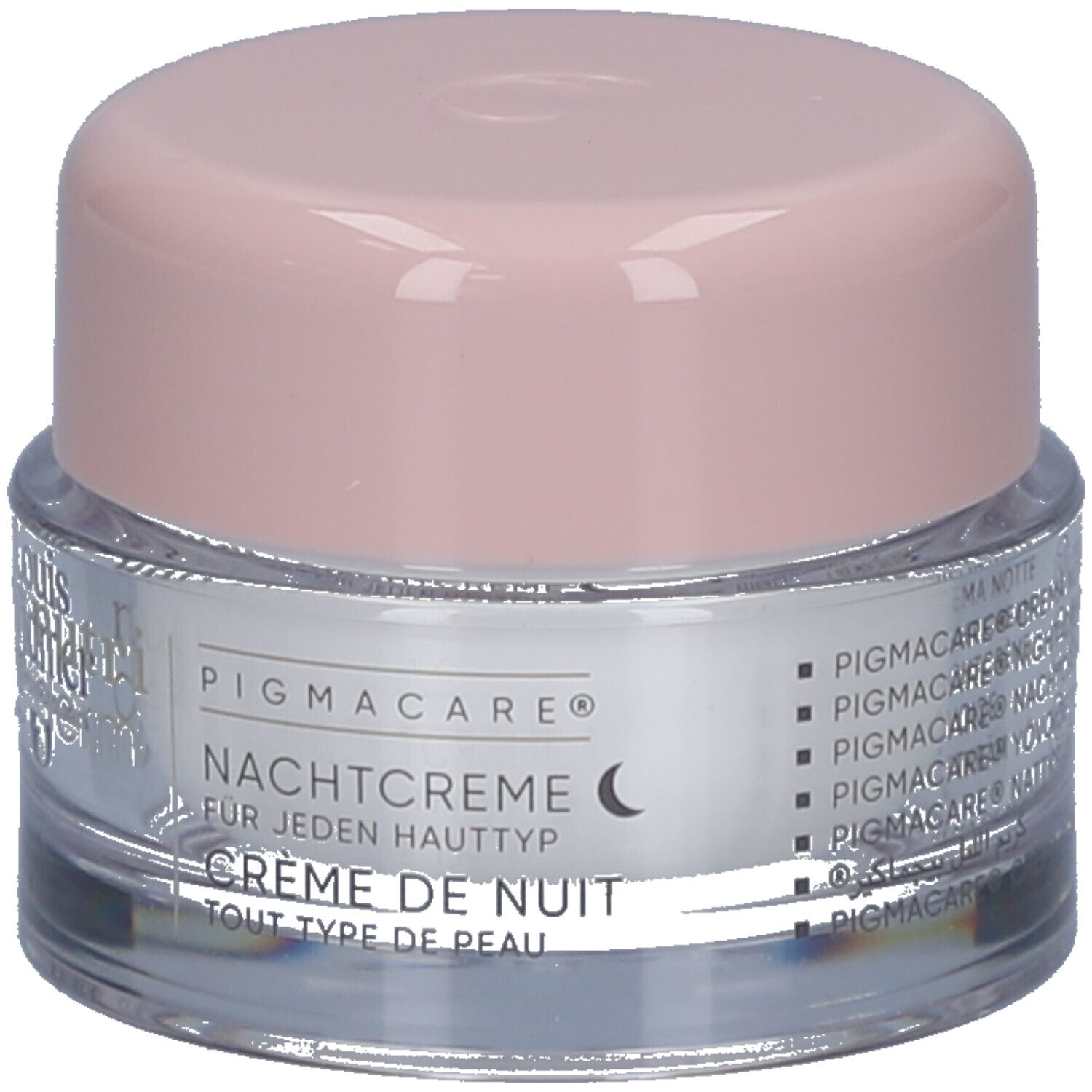 Pot de crème avec couvercle rose. "PIGMACARE® NACHTCREME" et "CRÈME DE NUIT" sont écrits.
