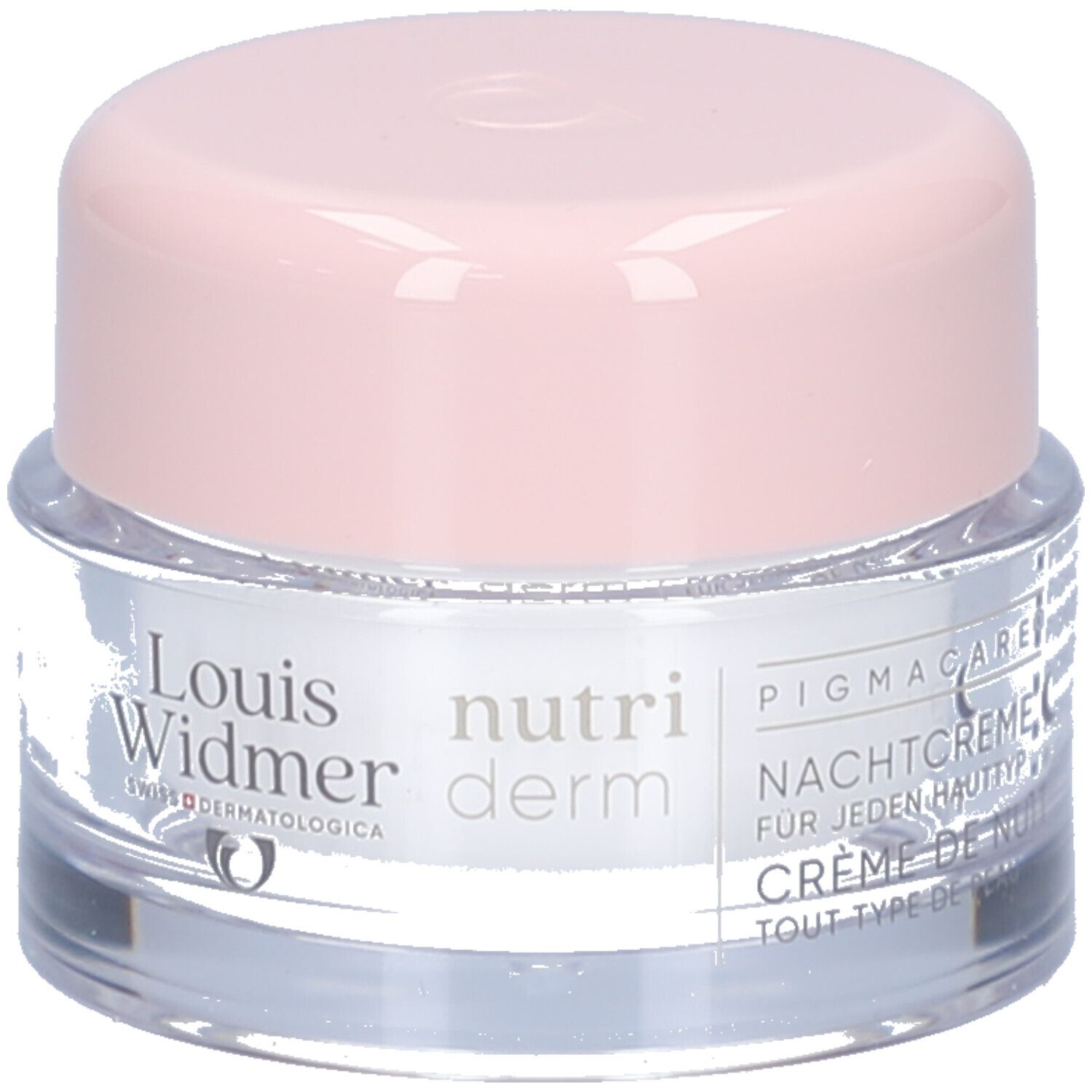 Pot de crème avec couvercle rose. "Louis Widmer nutriderm" et "NACHTCREME" sont écrits.