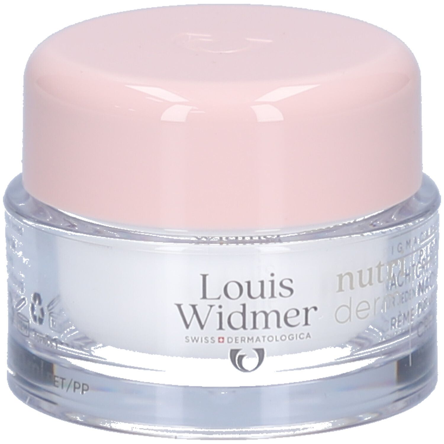 Pot de crème avec couvercle rose. "Louis Widmer nutriderm" est écrit sur le pot.