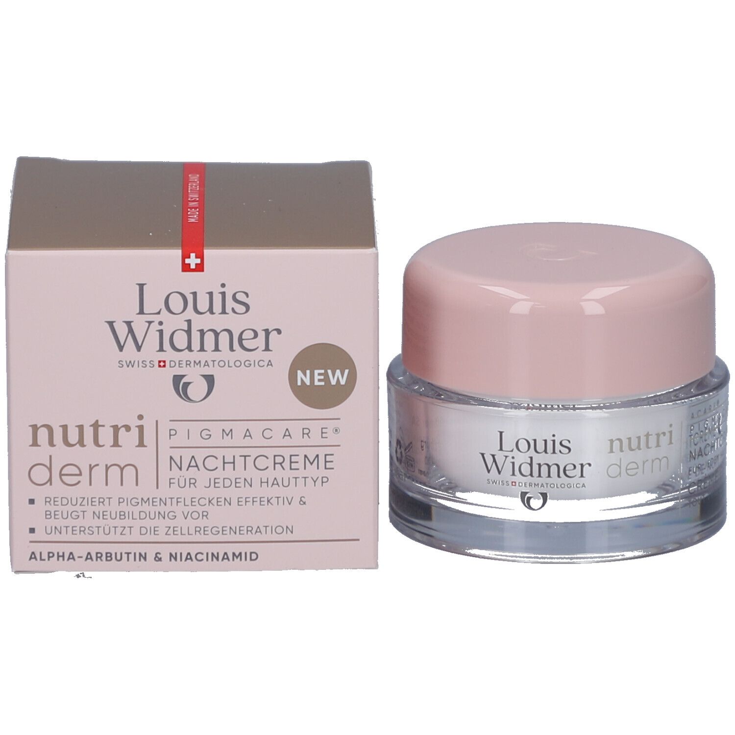 Pot de crème avec couvercle rose et boîte. "Louis Widmer nutriderm" est écrit sur la boîte.