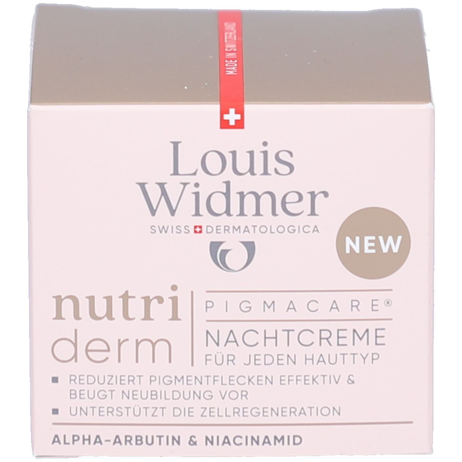 Boîte avec "Louis Widmer nutriderm". Texte : "PIGMACARE® NACHTCREME" et "NEU".