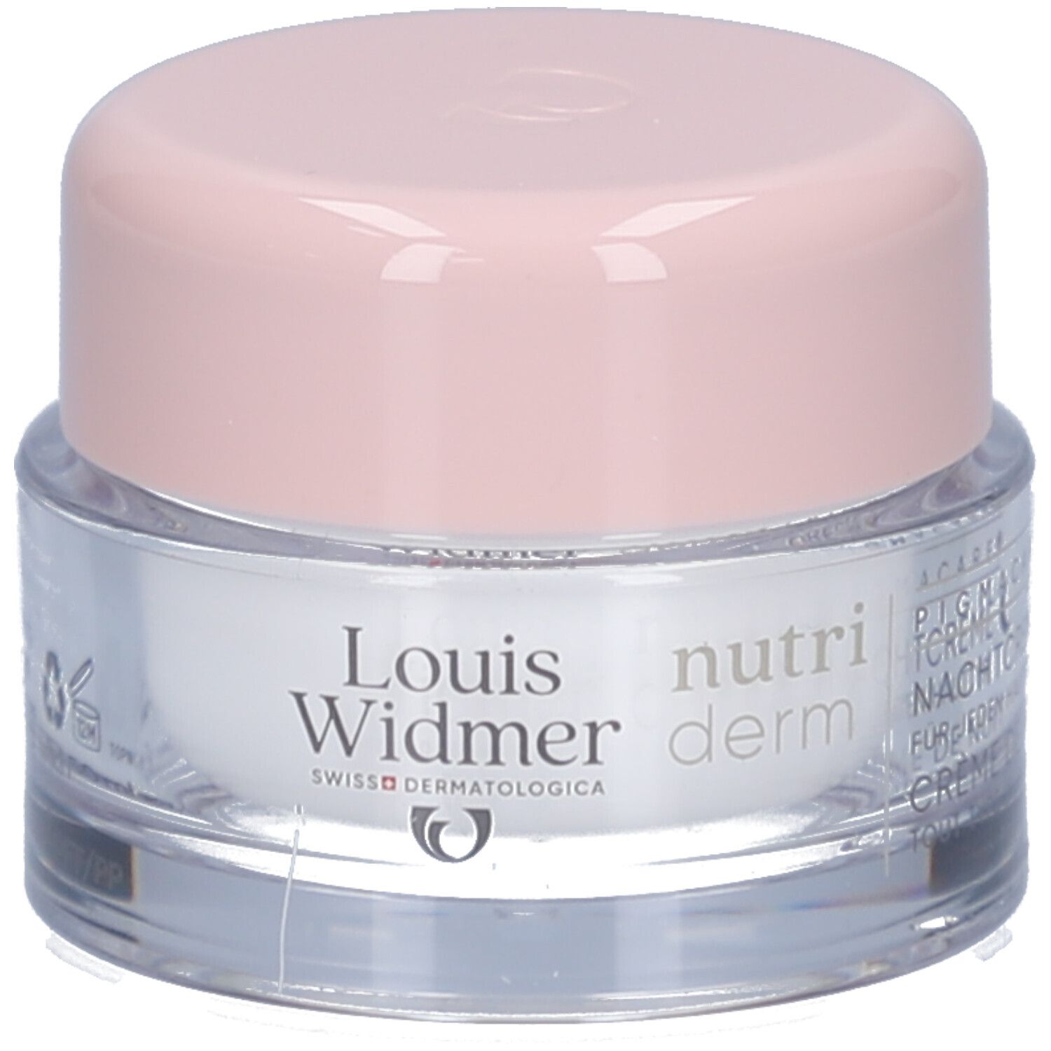 Pot de crème avec couvercle rose. Inscription : Louis Widmer, nutriderm. Logo suisse. Crème de nuit.