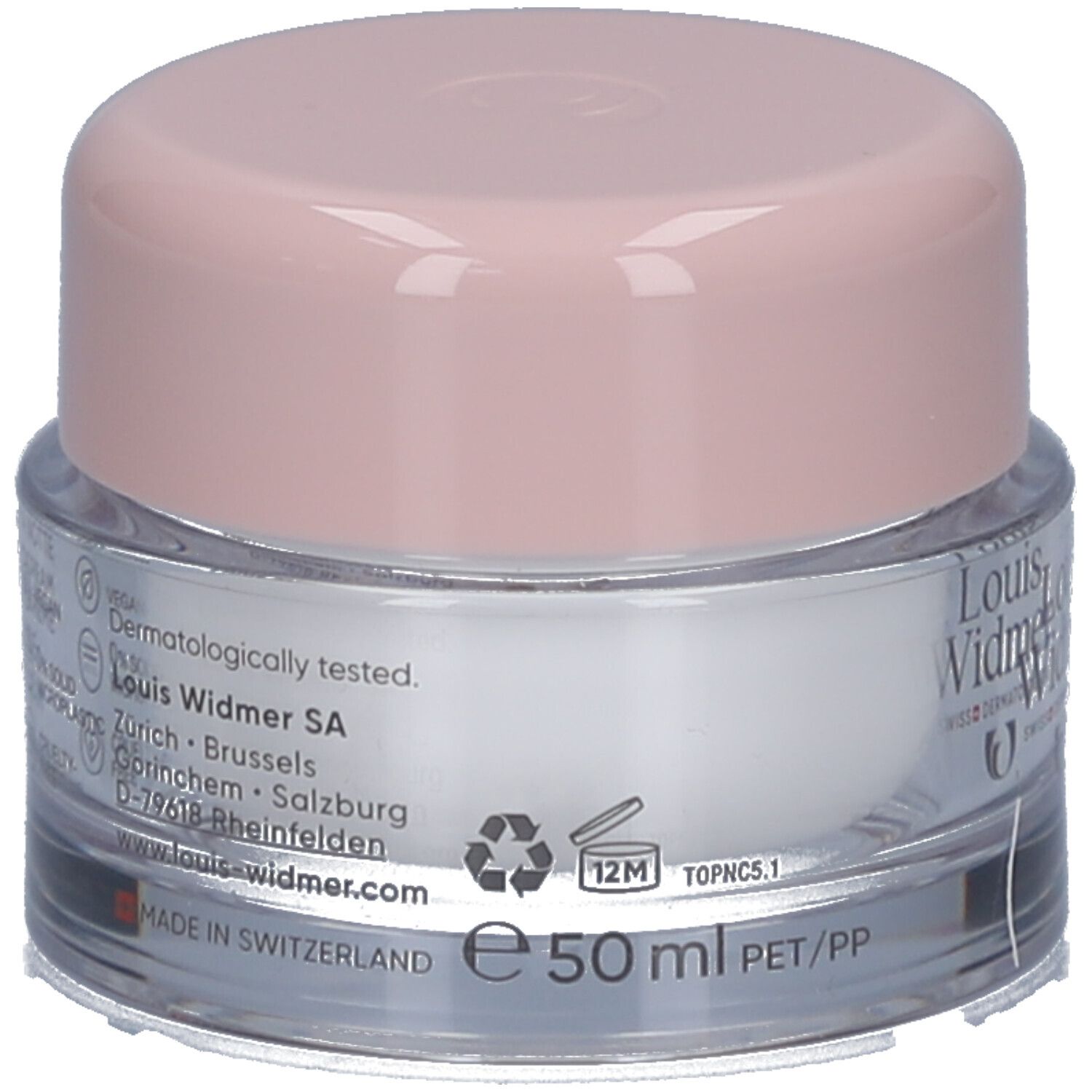 Pot de crème avec couvercle rose. Inscription : Louis Widmer, nutriderm. 50 ml. Fabriqué en Suisse. Symbole de recyclage.