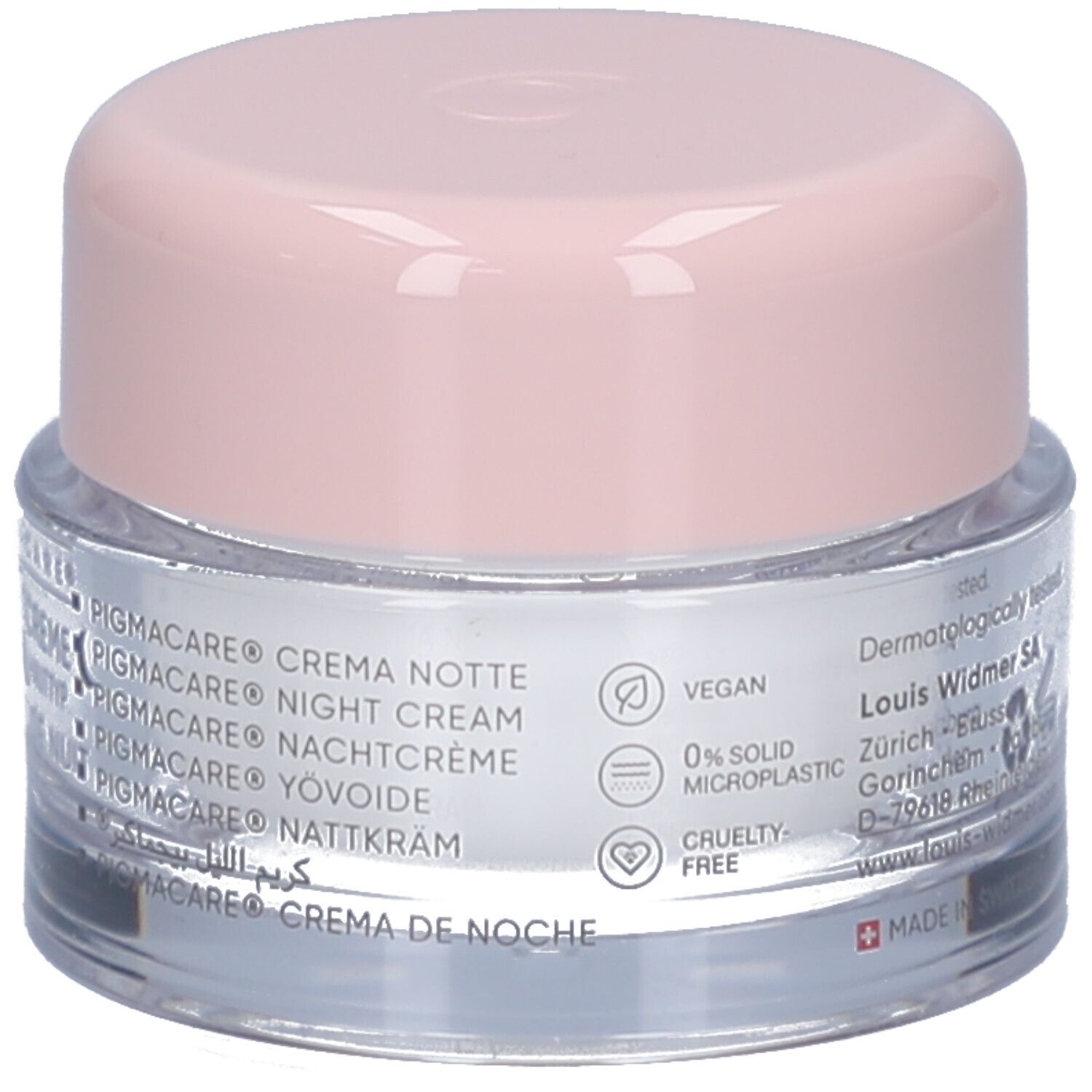 Pot de crème avec couvercle rose. Inscription : PIGMACARE, crème de nuit, vegan, 0% microplastiques, sans cruauté.